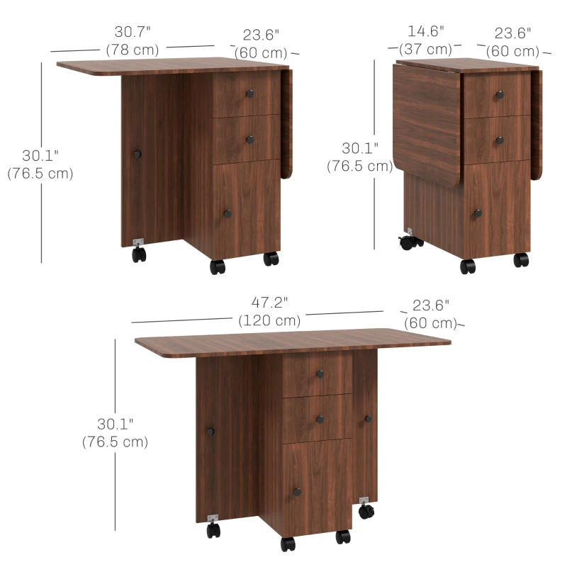 HOMCOM Drop Leaf Dining Table, Mobile Folding Table on Wheels with Drawers and Cabinet for Dining Room, Kitchen, Brown
