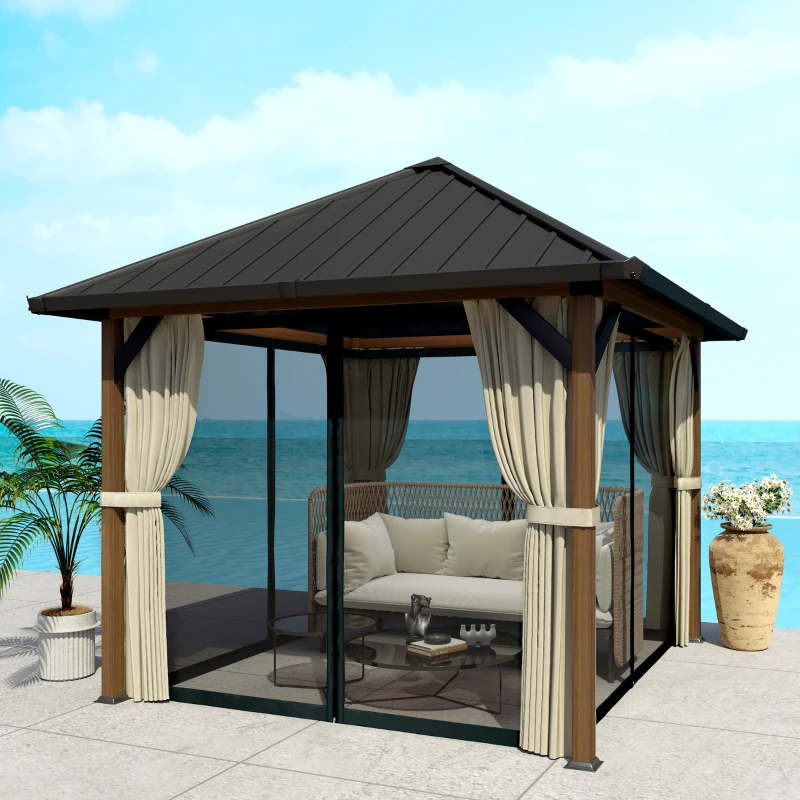 Outsunny 10' x 10' Hardtop Gazebo with Galvanized Steel Roof, Permanent Garden Gazebo with Netting and Curtains