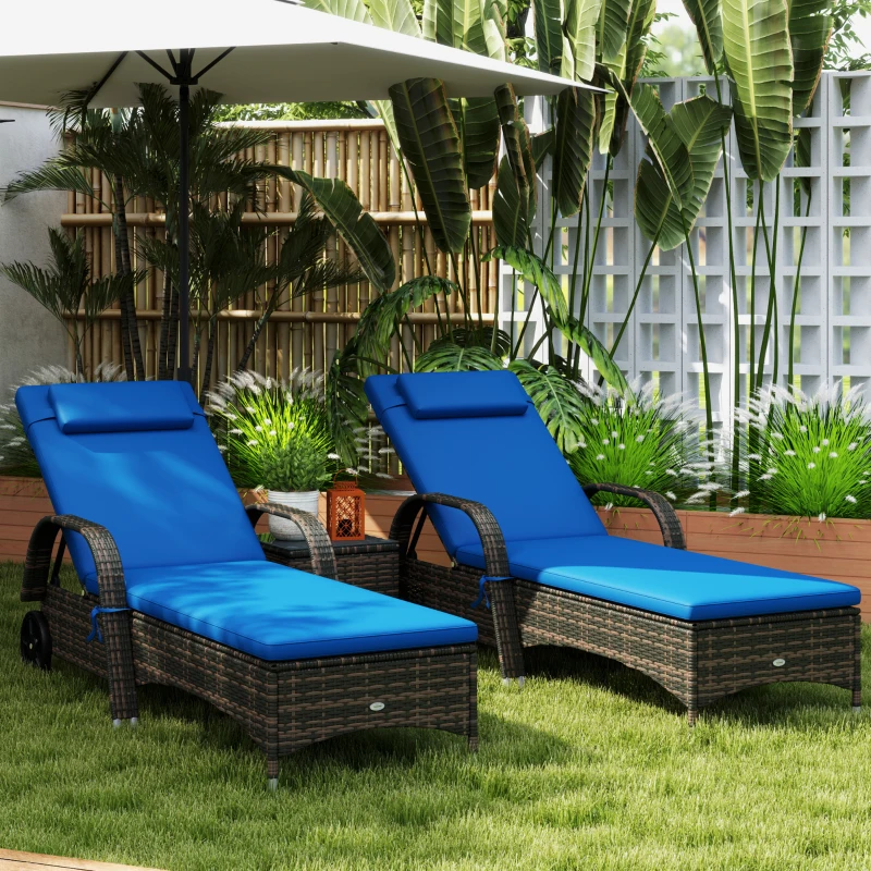 Outsunny Patio Wicker Chaise Lounge Chair Set of 2 with Table, Adjustable Backrest, Wheels, Cushion & Headrest, Blue