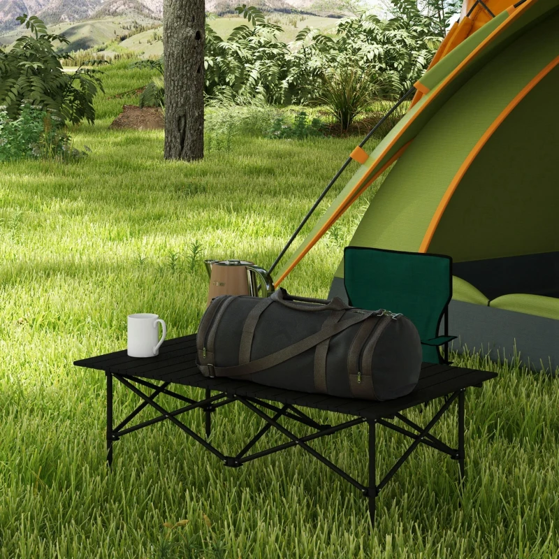 Outsunny Folding Camping Table with Roll up Top and Carry Bag, Portable Picnic Table for Camping, Picnic, Hiking, Black