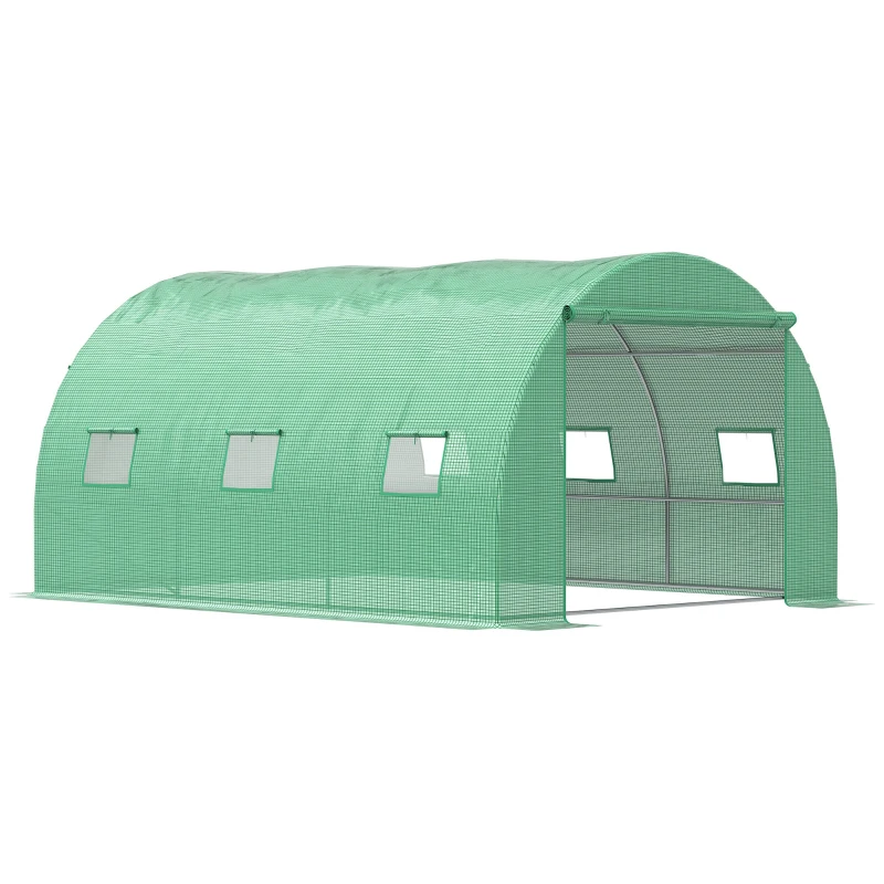 Outsunny 13' x 10' x 6.6'  Walk-in Polytunnel Greenhouse, Outdoor Garden Tunnel Greenhouse Tent with Zipped Roll-Up Door and 6 Mesh Windows, Green