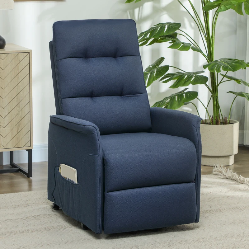 HOMCOM Power Lift Chair for Elderly, Fabric Recliner Sofa with Remote Control, Side Pockets, Quick Assembly, Deep Blue