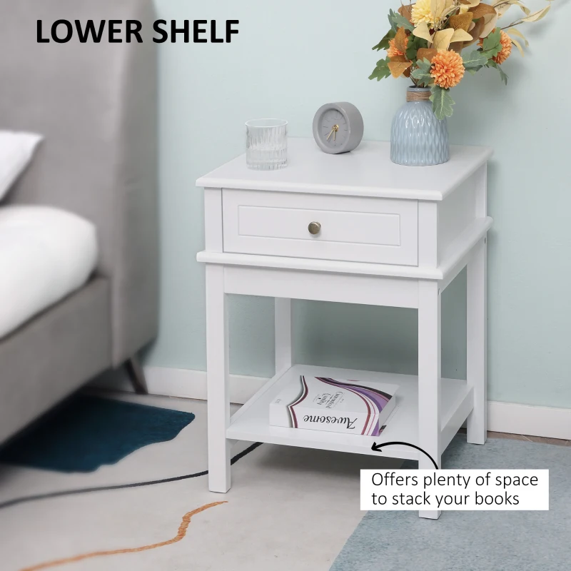 HOMCOM Modern Nightstand, Accent End Side Table with Drawer and Storage Shelf, Bedside Table for Bedroom, White