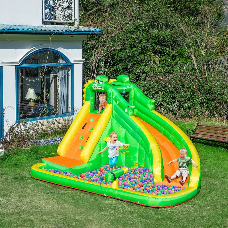 Outsunny 6 in 1 Inflatable Water Slide for Kids Backyard Water Park Castle Bounce House Extra Large Crocodile Style with Basket, Cannon, Pool, Climbing Wall, Slide and Carrybag Without Air Blower