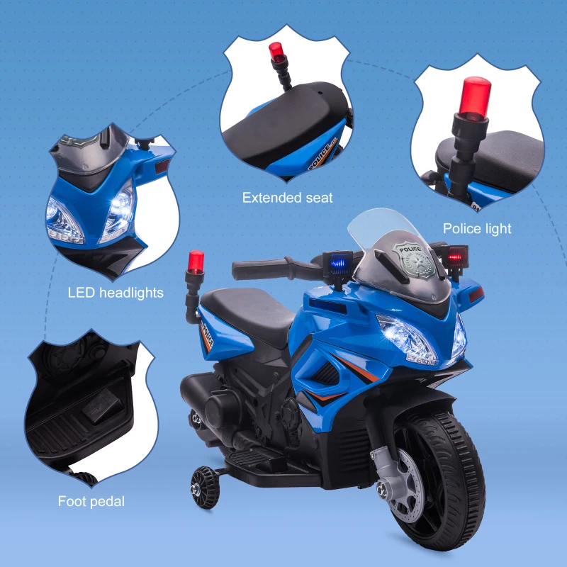 Aosom 6V Kids Motorcycle Police Electric Ride-On Dirt Bike Off-road Street Bike Battery Powered Rechargeable Horn Headlights Training Wheels Realistic Sounds for Girls and Boys 18 - 36 months Blue