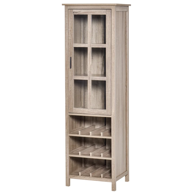 HOMCOM Tall Wine Cabinet, Bar Display Cupboard with 12-Bottle Wine Rack, Glass Door and 3 Storage Compartment for Living Room, Home Bar, Dining Room, Grey Oak