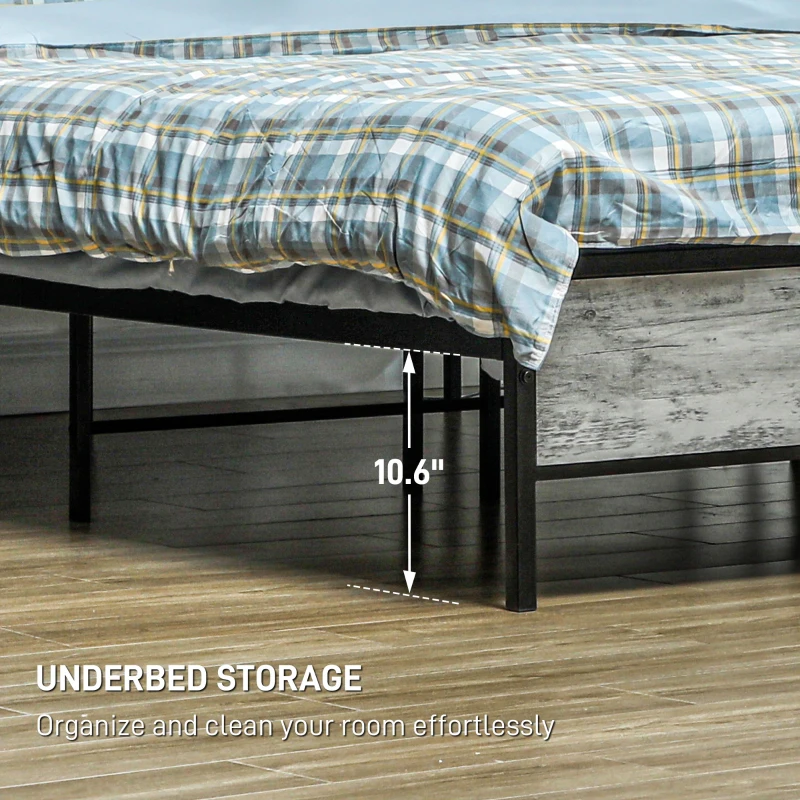 HOMCOM Full Bed Frame with Storage Upholstered Headboard, Full Size Bed Frame with LED Lights, Charging Station, Cement Gray