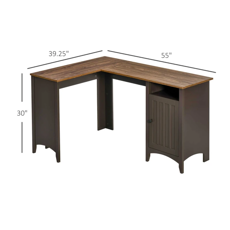 HOMCOM L-Shaped Computer Desk with Open Shelf and Storage Cabinet, Corner Writing Desk with Adjustable Shelf, Coffee