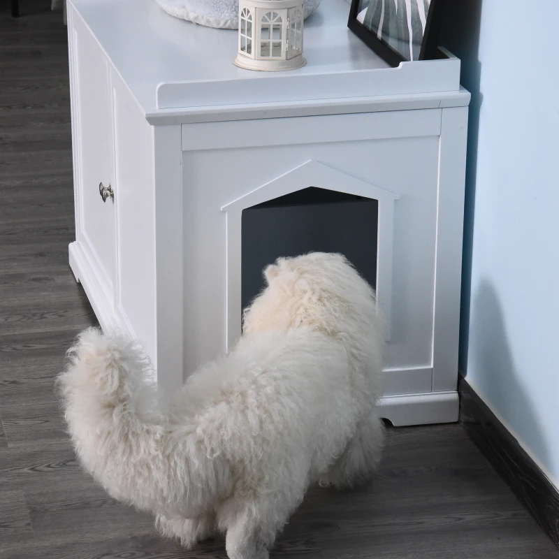 PawHut 37.5" Wooden Covered Mess Free Cat Litter Box End Table Hideaway Cabinet with Storage for Accessories, White