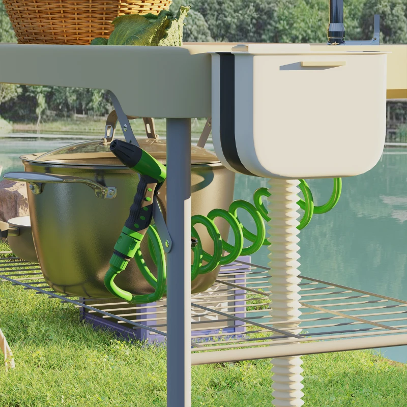 Outsunny Folding Fish Cleaning Table with Sinks, Portable Camping Sink Table with Faucet, Drainage Hose, Sprayer, Shelf, Drawer and Storage Basket, Outdoor Fillet Table for Picnic Beach Patio, Tan