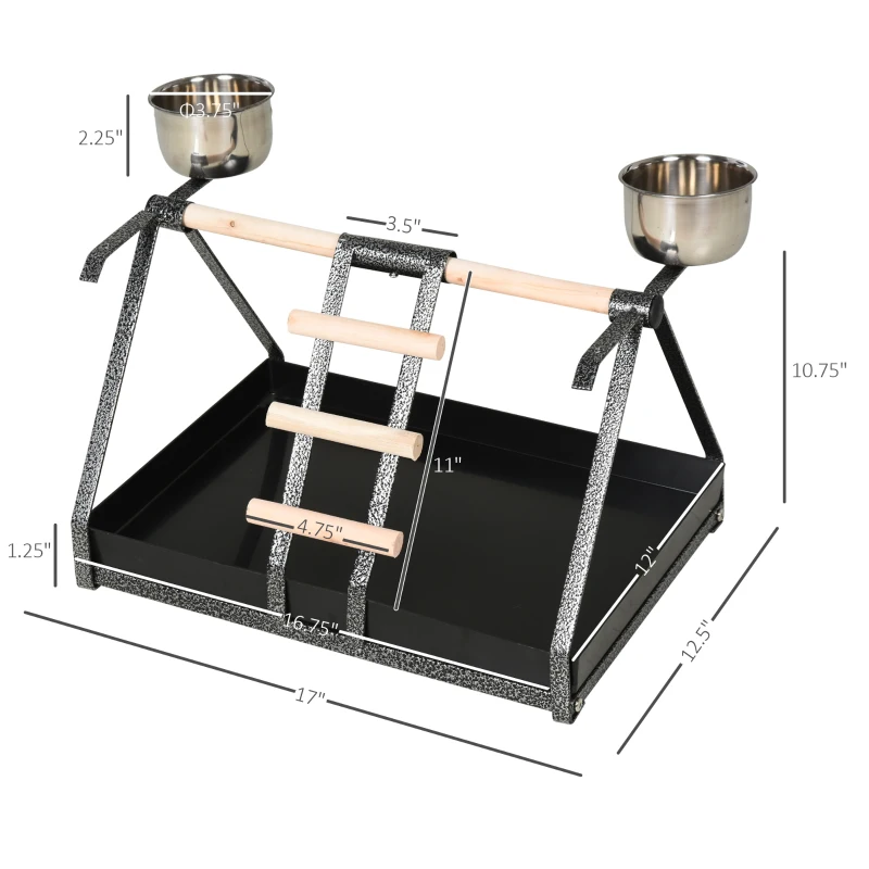 PawHut Portable Bird Play Perch Stand with Wooden Perch, Stainless Steel Feeding Bowls, & an Easy-Clean Tray, Black