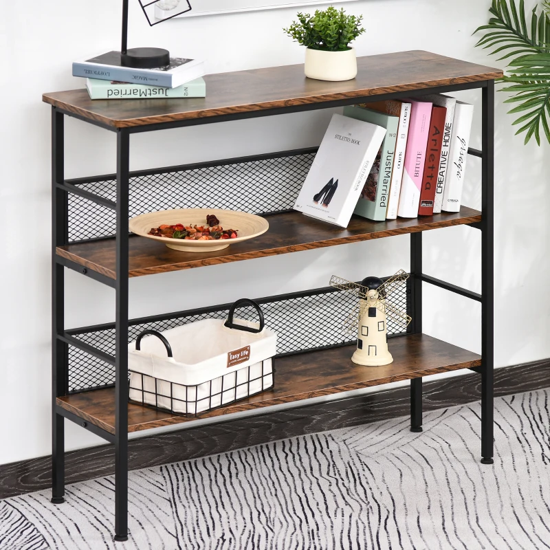 HOMCOM 3 Tier Bookshelf Industrial Display Rack, 39 Inch Wood Metal Bookcase with Adjustable Feet for Living Room, Balcony, Kitchen, Brown