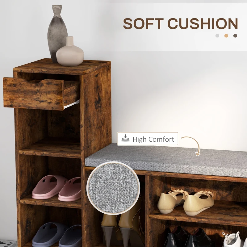 HOMCOM Upholstered Shoe Storage Bench w/ Seat, Entrance Bench w/ Drawer and 6 Open Shelves for Hallway, Rustic Brown