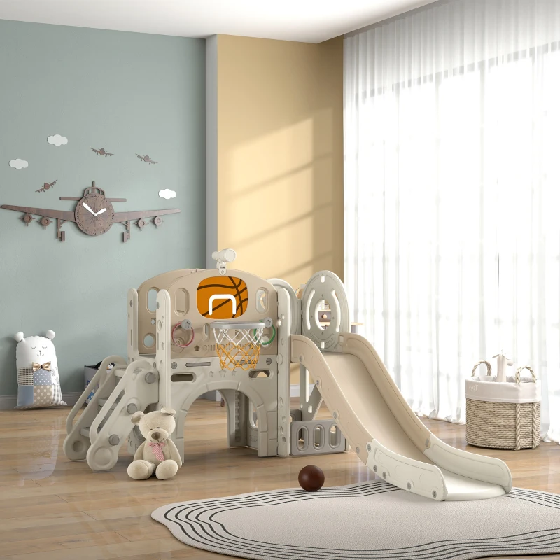 Qaba 7-in-1 Toddler Slide, Kids Slide for Ages 1-6 Years w/ Ring Toss, Basketball Hoop, Telescope Climber, Storage Space