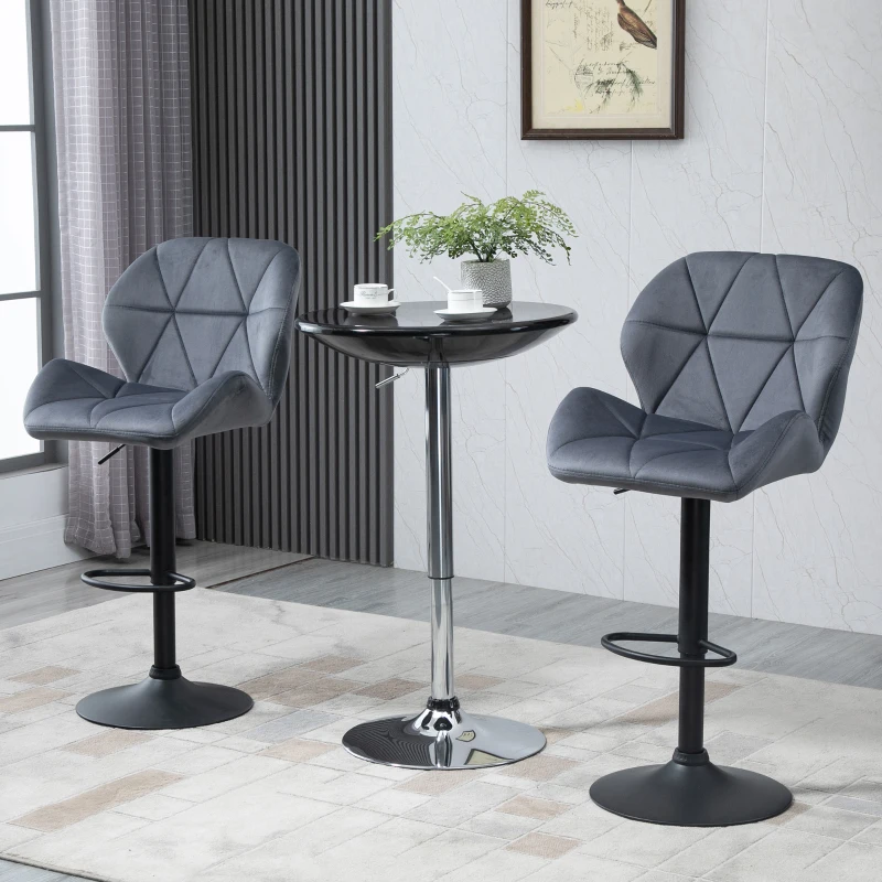 HOMCOM Bar Stool Set of 2 Fabric Adjustable Height Armless Upholstered Counter Chairs with Swivel Seat, Grey