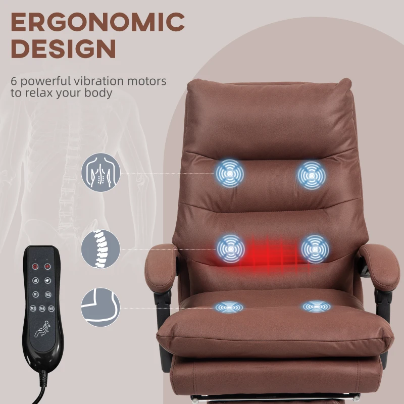 Vinsetto Microfibre Massage Office Chair, Heated Reclining Chair with Footrest, Double-tier Padding, Swivel Wheels, Coffee