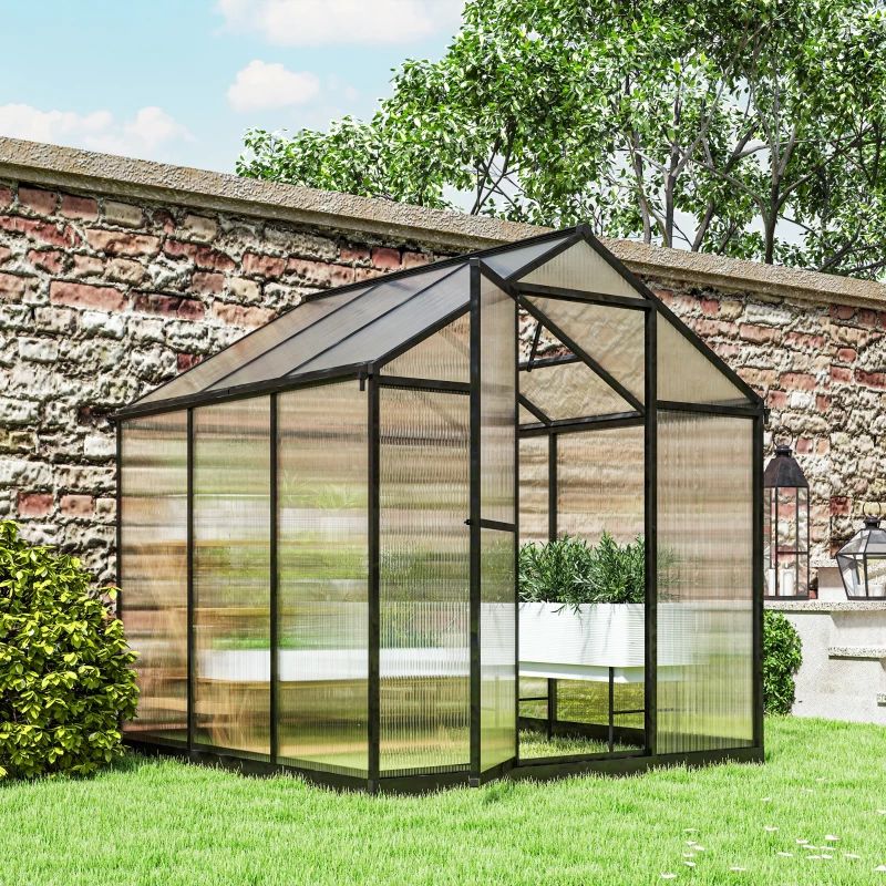 Outsunny 6' x 8' x 6.4' Polycarbonate Greenhouse, Aluminum Walk-In Green House Kit Garden, Plants Grow with Rain Gutter and Roof Vent, Charcoal Grey