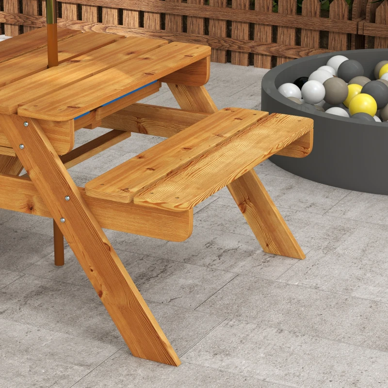 Outsunny Sensory Table 3 in 1 Toddler Water and Sand Table w/ Foldable Umbrella 2 Play Boxes Removable Top, 3-6 Years Old, Teak