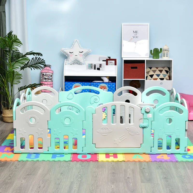 Qaba Baby Enclosure, 14 Panels Baby Playpen Baby Play Yard, Indoor & Outdoor Kids Activity Center, Green