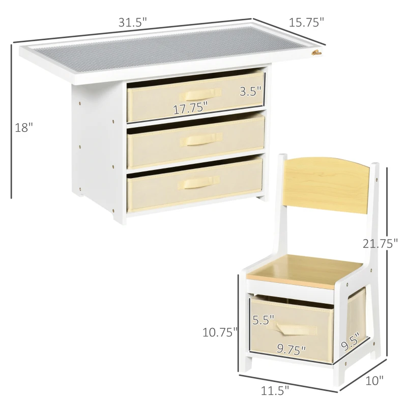 Qaba 3-in-1 Kids Activity Table and Chairs Set with 3 Surfaces for Drawing, Lego Building, Road Map with 2 Cars, Storage Baskets, Toddler Activity Table for Preschool Children