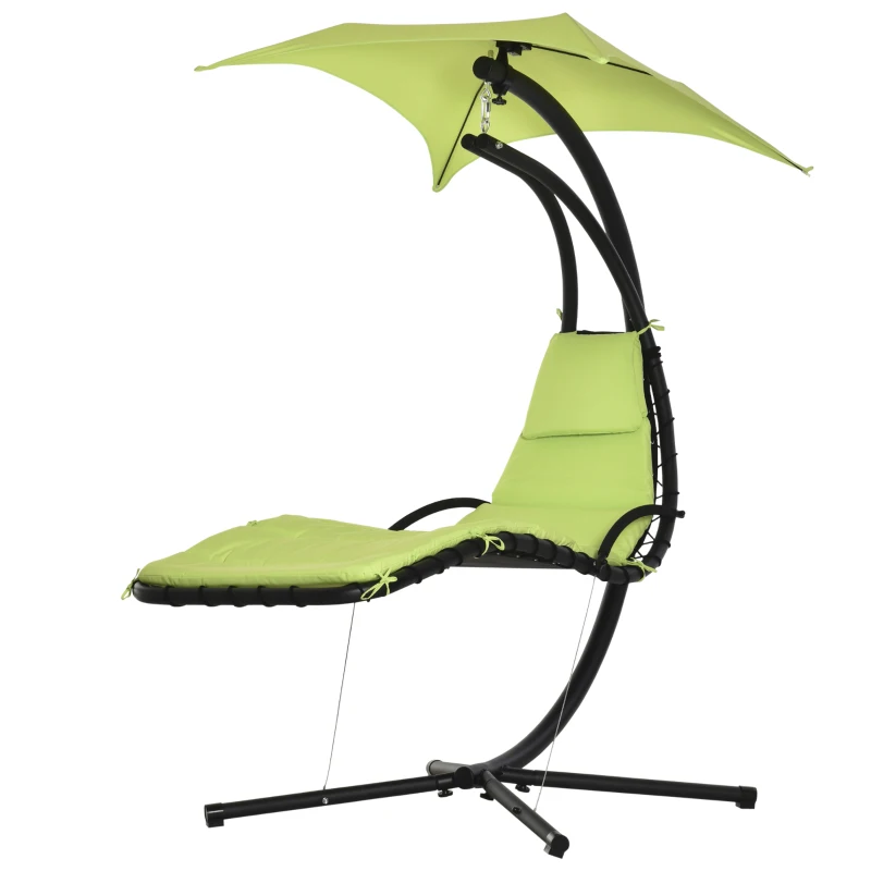 Outsunny Outdoor Hammock Chair with Stand, Floating Chaise Lounge Chair with Soft Padded Cushion, Hanging Hammock Swing Reclining Seat with Canopy Umbrella, Green