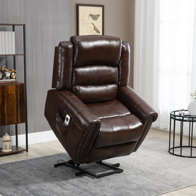 HOMCOM Dual Motor Electric Power Lift Recliner Chair for Elderly with Massage, PU Leather Reclining Chair with Side Pocket, Remote Control with USB Interface, Brown