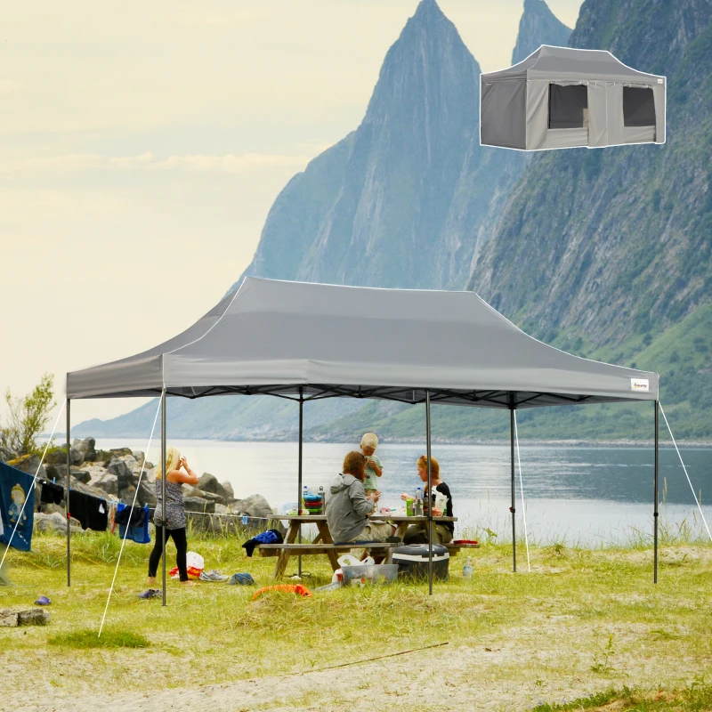 Outsunny 10' x 20' Pop Up Canopy Tent with Sidewalls & Doors, Instant Tents for Parties with Wheeled Carry Bag, Height Adjustable, for Outdoor, Garden, Patio, Gray