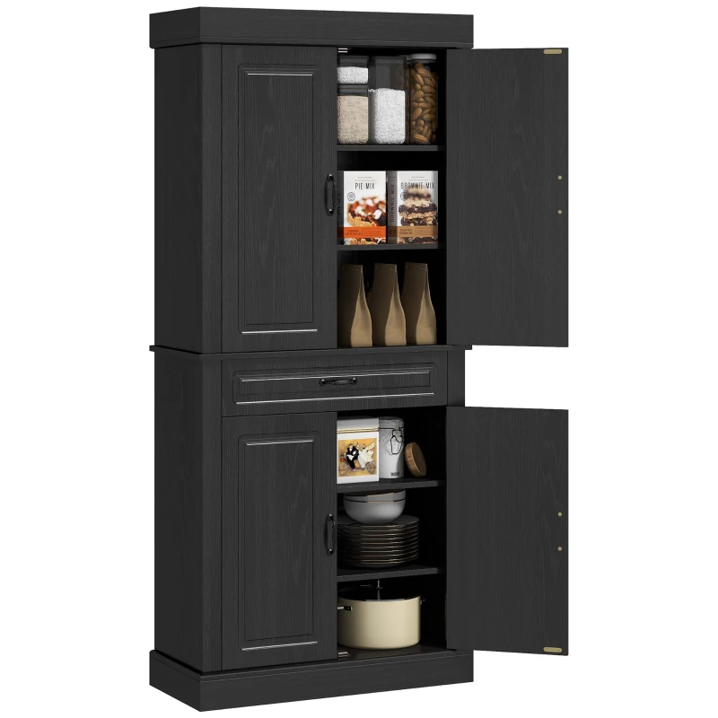 HOMCOM 71" Freestanding Kitchen Pantry with 4 Doors and 2 Cabinets, Tall Storage Cabinet for Kitchen, Distressed Black