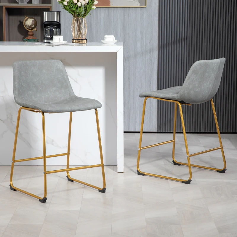 HOMCOM Counter Height Stools Set of 2, PU Leather Upholstered Stools for Kitchen Island, Modern Bar Chairs, Light Grey