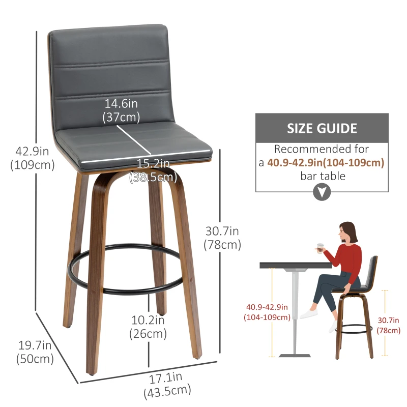 HOMCOM 28" Swivel Bar Set of 2 Height Bar Stools, Armless Upholstered Barstools Chairs with Soft Padding Seat and Wood Legs, Grey