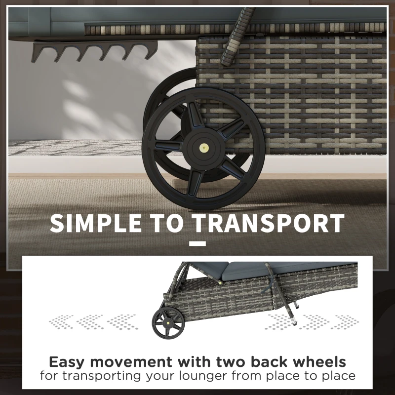 Outsunny Outdoor Chaise Lounge, 5-Level Adjustable Backrest Rattan Pool Lounge Chair with Wheels, Cushion & Headrest, Black