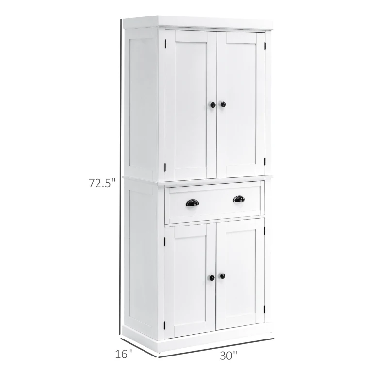 HOMCOM 72.5" Kitchen Pantry Cabinet, Traditional Freestanding Storage Cabinet with 4 Doors, Drawer and 3 Adjustable Shelves for Dining Room, White