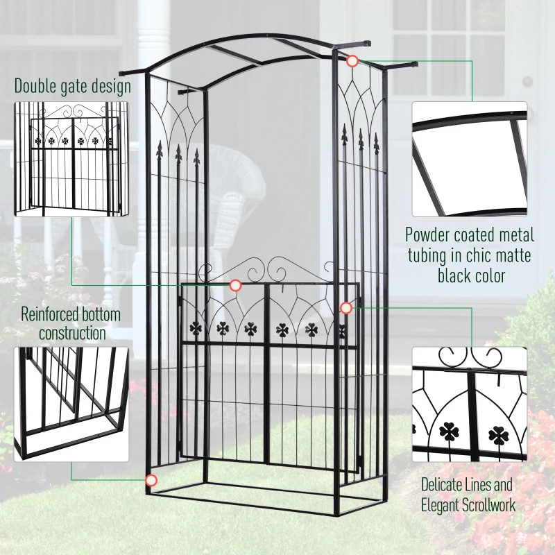 Outsunny 7' Metal Garden Arbor Arch with Lucky Leaf Clover Doors for Ceremony, Weddings, Party, Backyard and Lawn