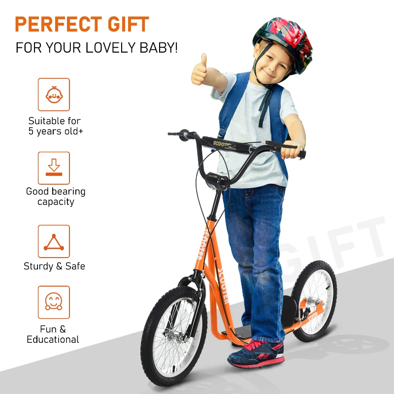 Aosom Youth Scooter Kick Scooter for Kids 5+ with Adjustable Handlebar Front and Rear Dual Brakes, Orange