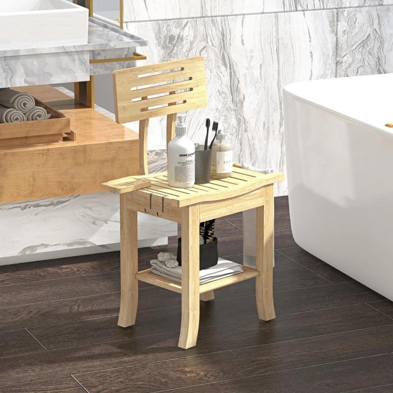 HOMCOM Bathroom Bench with Back, Bamboo Shower Bench with Towel Rack, Shower Head Holder and Soap Dish, Natural Wood