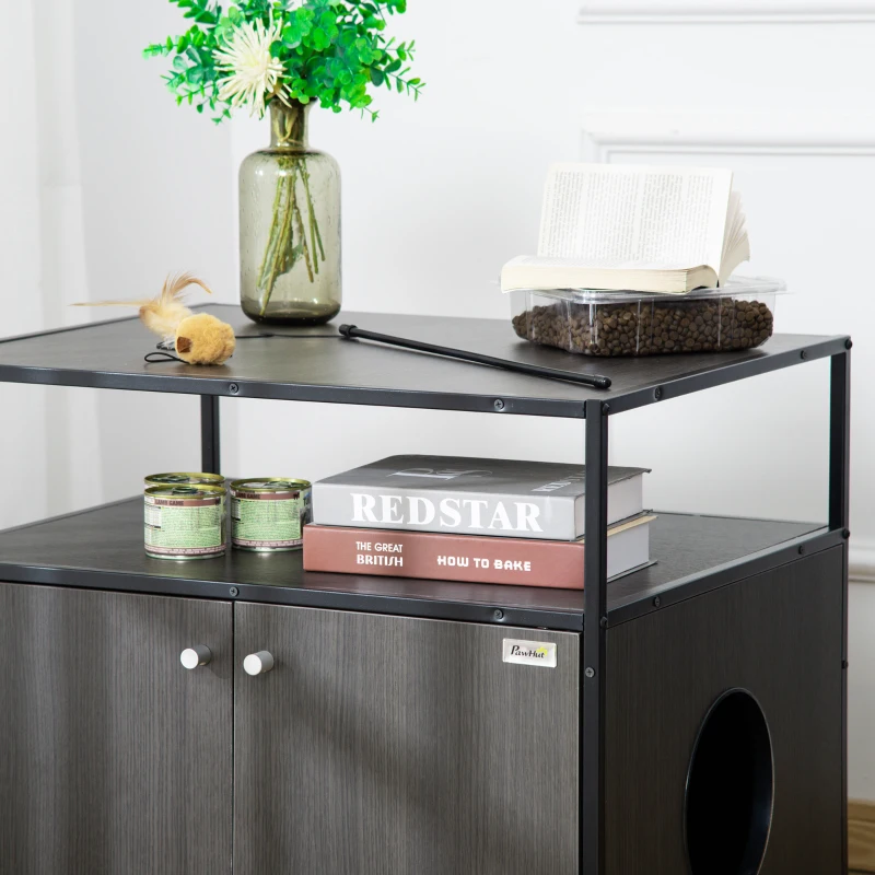 PawHut Wooden Cat Litter Box Enclosure, Hidden Kitten Washroom, Indoor End Table with Magnetic Doors & Storage Shelves, Black