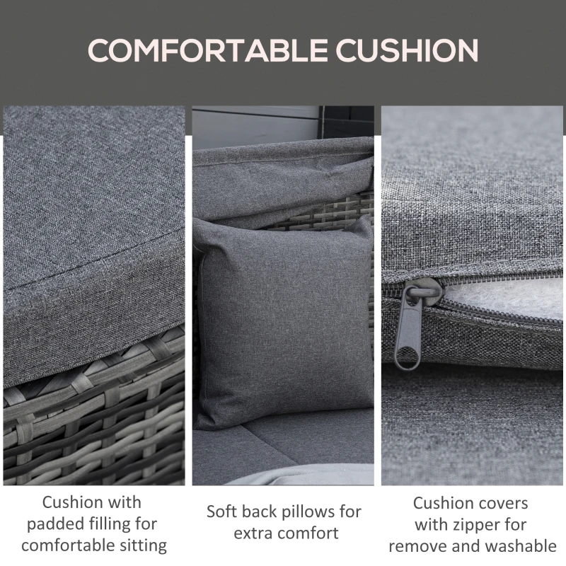 Outsunny 4 Pieces Patio PE Wicker Round Daybed, Outdoor Rattan Garden Lounge Furniture Sets, Grey