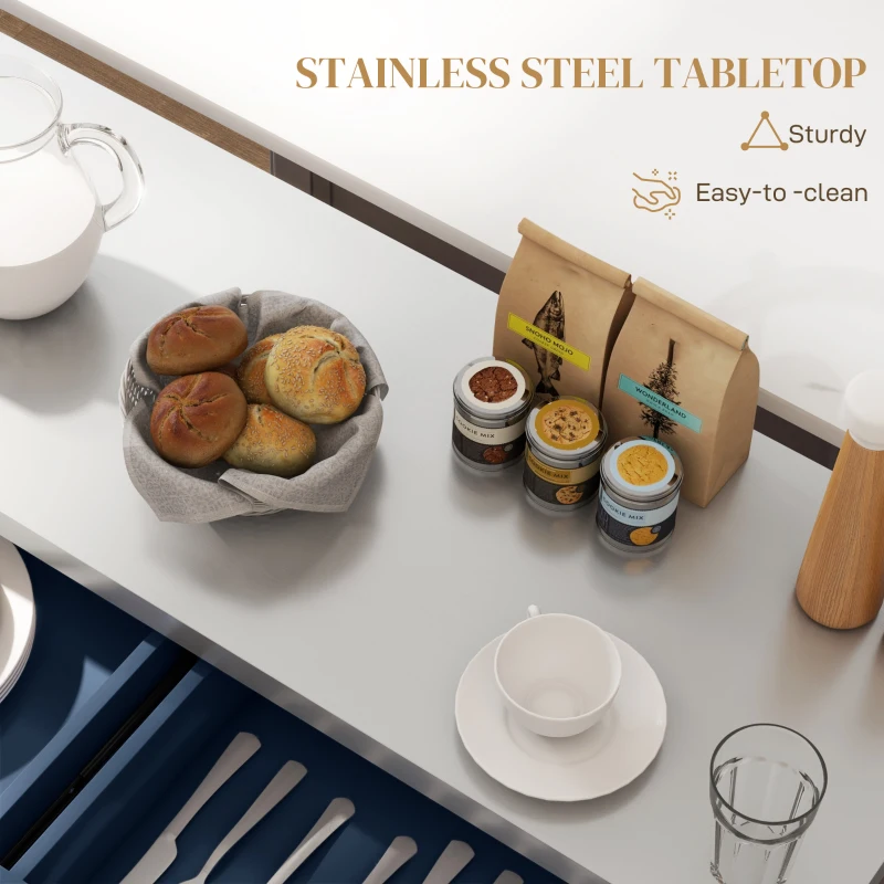 HOMCOM Rolling Kitchen Island with Stainless Steel Top, 2 Drawers, Spice, Knife and Towel Rack and Cabinets, Navy Blue