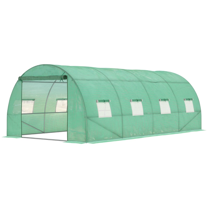 Outsunny Walk-in Tunnel Greenhouse, 19 x 10 x 6.6 ft Hoop House with Zipped Roll-Up Door and 8 Mesh Windows, Outdoor Greenhouse with Galvanised Steel Frame, Green