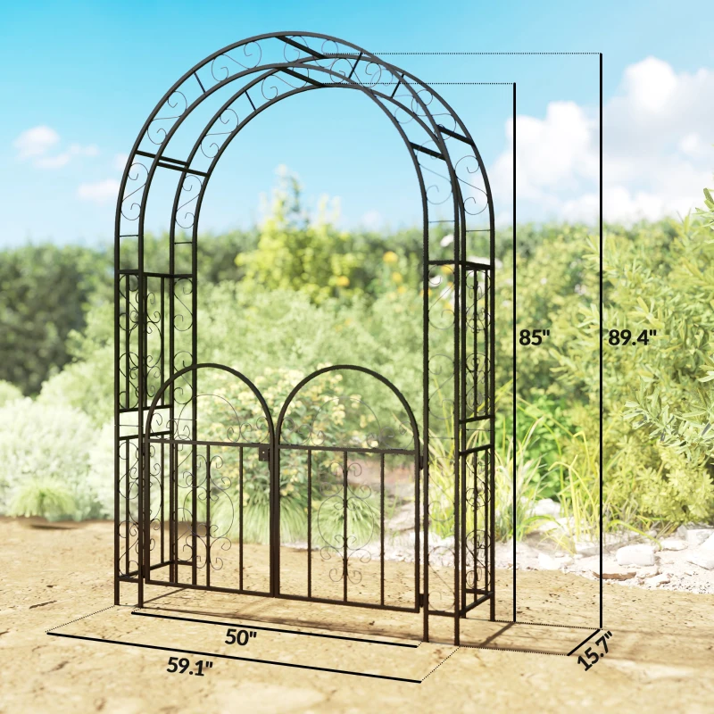 Outsunny 7.4ft Steel Garden Arch with Gate, Garden Arbor Trellis for Climbing Plants, Roses, Vines, Wedding Arch Stand for Outdoor, Garden, Lawn, Backyard, Black