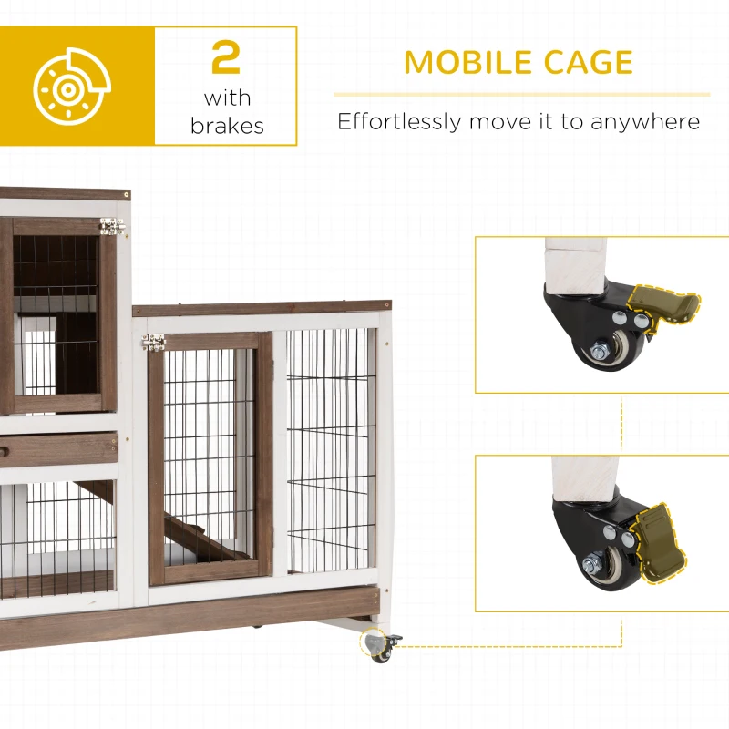 PawHut Wooden Rabbit Hutch Elevated Bunny Cage Indoor Small Animal Habitat with Enclosed Run with Wheels, Ramp, Removable Tray for Rabbits, Chickens, Ducks, Guinea Pigs, Brown