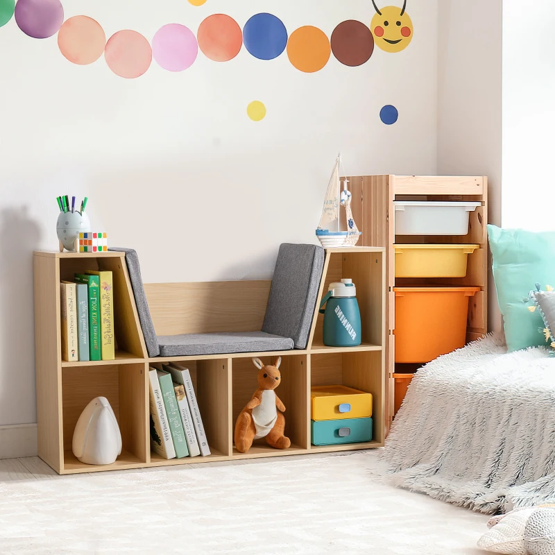 HOMCOM 6-Cubby Kids Bookcase with Reading Nook and Cushion, Multi-Purpose Storage Organizer for Bedroom, Living Room, Natural