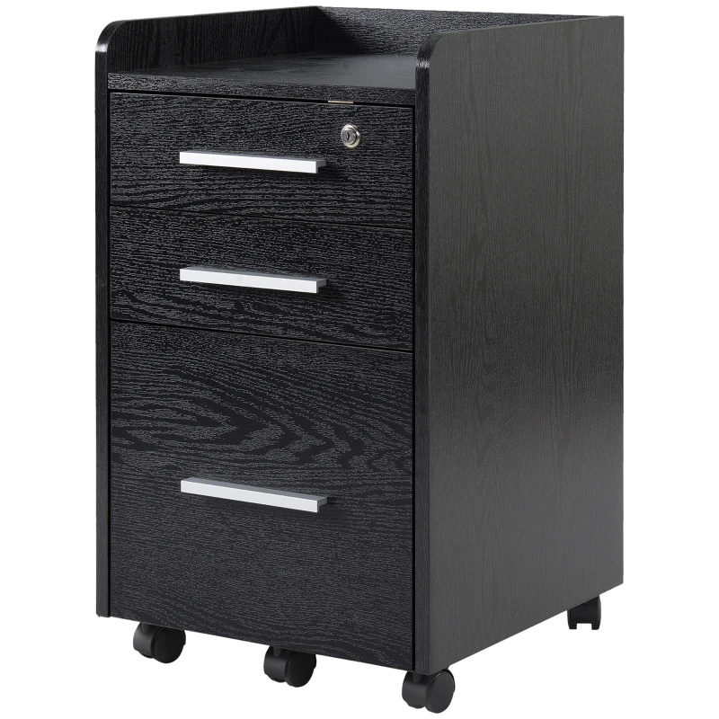 HOMCOM 3 Drawer File Cabinet with Lock and Edged Top, Lockable Filing Cabinet on Wheels for Letter and A4 Size, Black