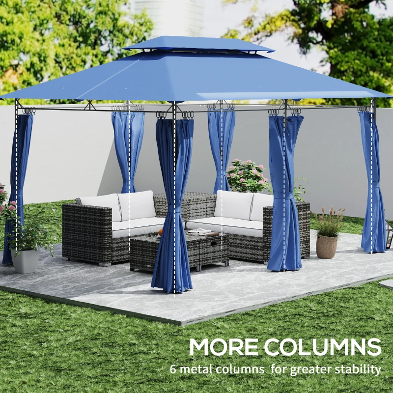 Outsunny 10' x 13' Double Roof Patio Gazebo, Outdoor Gazebo with Curtains, for Garden, Lawn, Backyard and Deck, Dark Blue