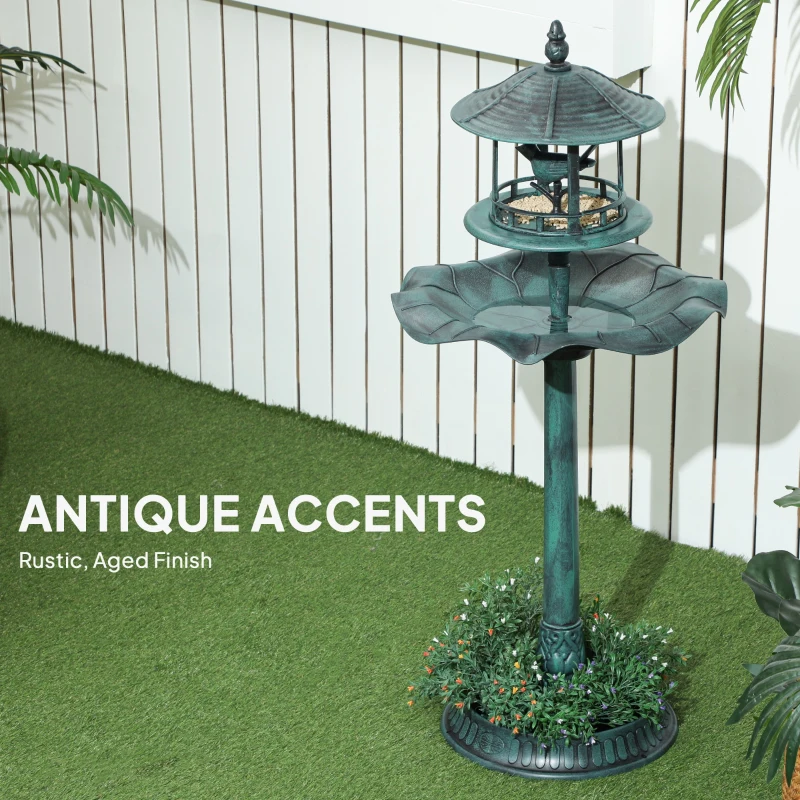 Outsunny 3-in-1 Garden Bird Bath Bowl Pedestal with Bird Feeder, Large Water Basin, Underneath Flower Planter, Green