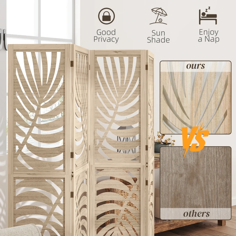 HOMCOM 4 Panel Room Divider, Detachable Folding Privacy Screens with Palm Leaf Design for Home Office, Natural Wood Finish