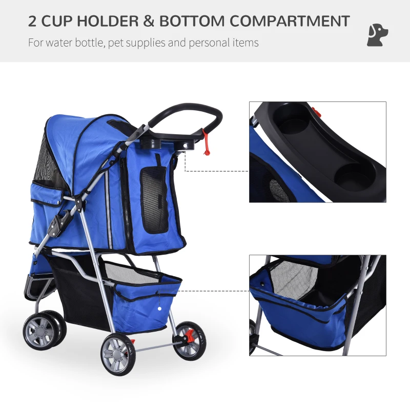 PawHut 3 Wheels Foldable Dog Stroller with Storage Basket, Adjustable Canopy, Cupholder for Miniature and Small Dogs, Blue