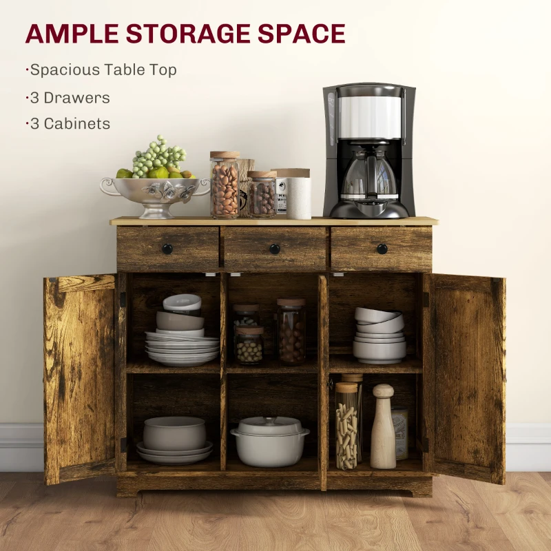 HOMCOM Kitchen Storage Cabinet, Sideboard Floor Cupboard with Solid Wood Top, Adjustable Shelf, and 3 Drawers, Brown