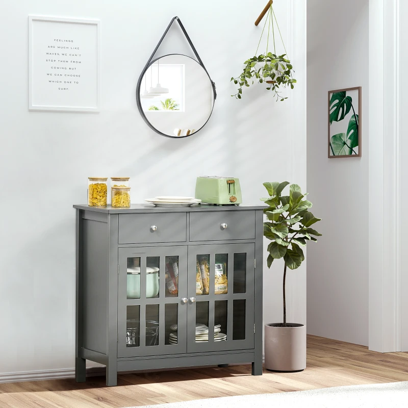 HOMCOM Sideboard Buffet Cabinet, Accent Kitchen Cabinet with Glass Doors, Adjustable Shelf and 2 Drawers for Kitchen, Gray