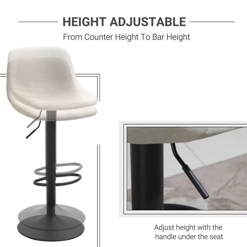 HOMCOM Adjustable Bar Stools, Swivel Bar Height Chairs Barstools Padded with Back for Kitchen, Counter, and Home Bar, Set of 2, Cream White